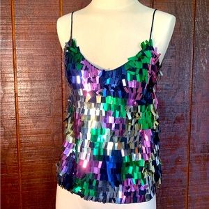 zara womens sequin confetti multicolor fringe tank spaghetti strap colorful M